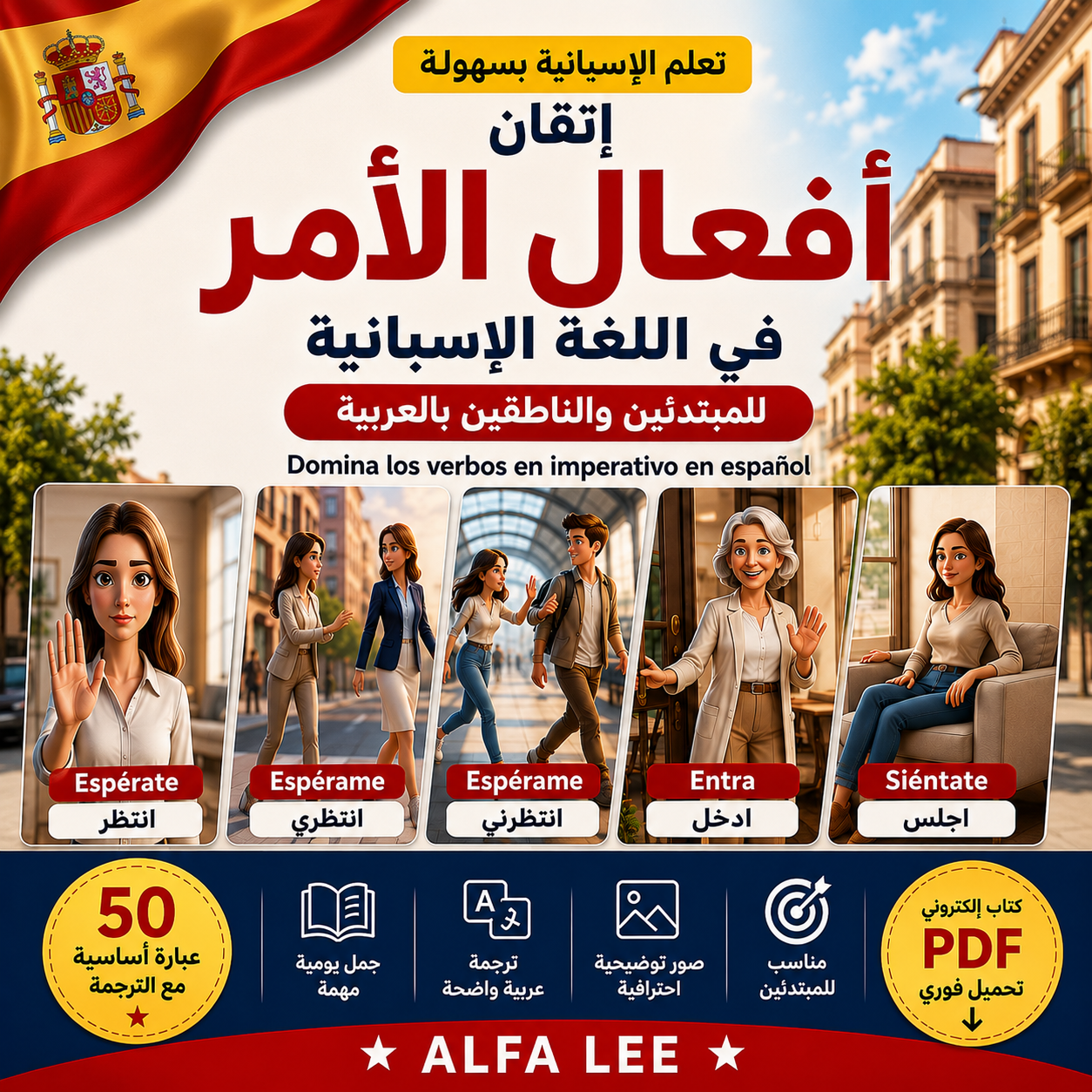 أهم أفعال الأمر والعبارات اليومية في اللغة الإسبانية للمبتدئين 🇪🇸 | PDF احترافي بالصور والترجمة العربية